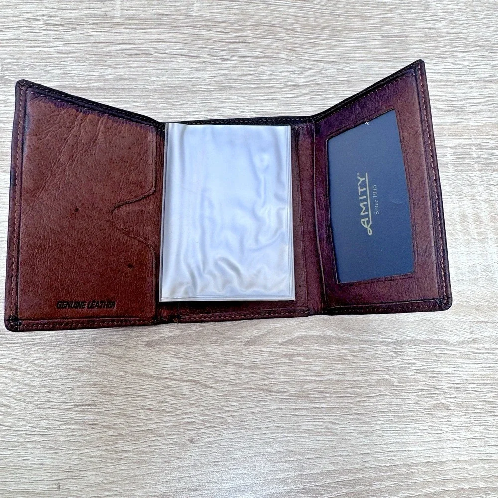 Vintage Amity Brown Genuine Leather Eagle Embossed Bifold ID Wallet